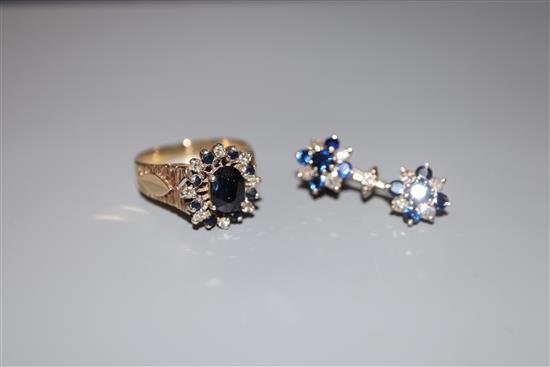 A modern 9ct? gold, sapphire and diamond cluster ring ring and a sapphire and diamond double cluster brooch (ex ear studs).